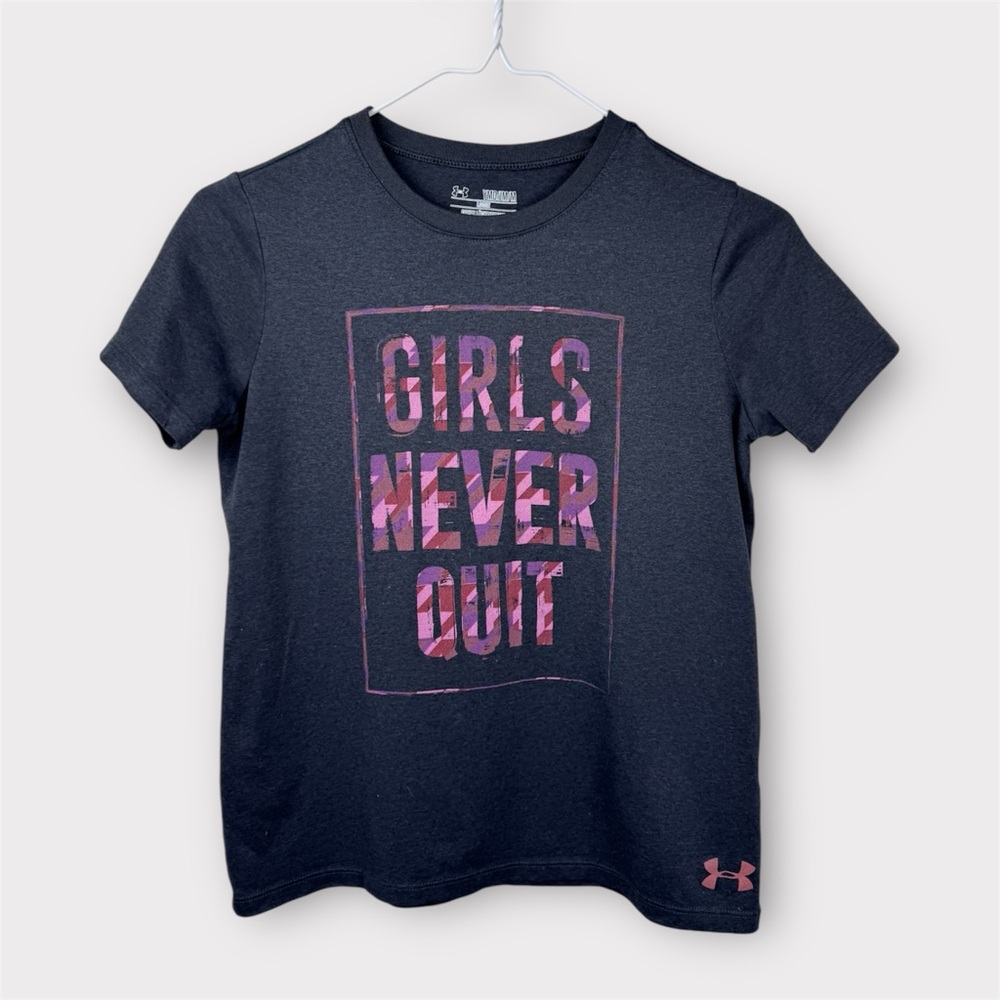 Under‎ Armour Kids' Girls Never Quit Dark Gray Tee with Pink Graphic Medium
